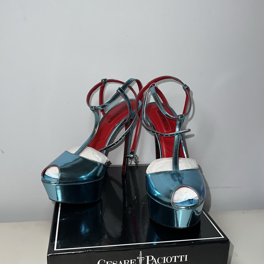Cesare Paciotti Shiny Teal Platform Heels